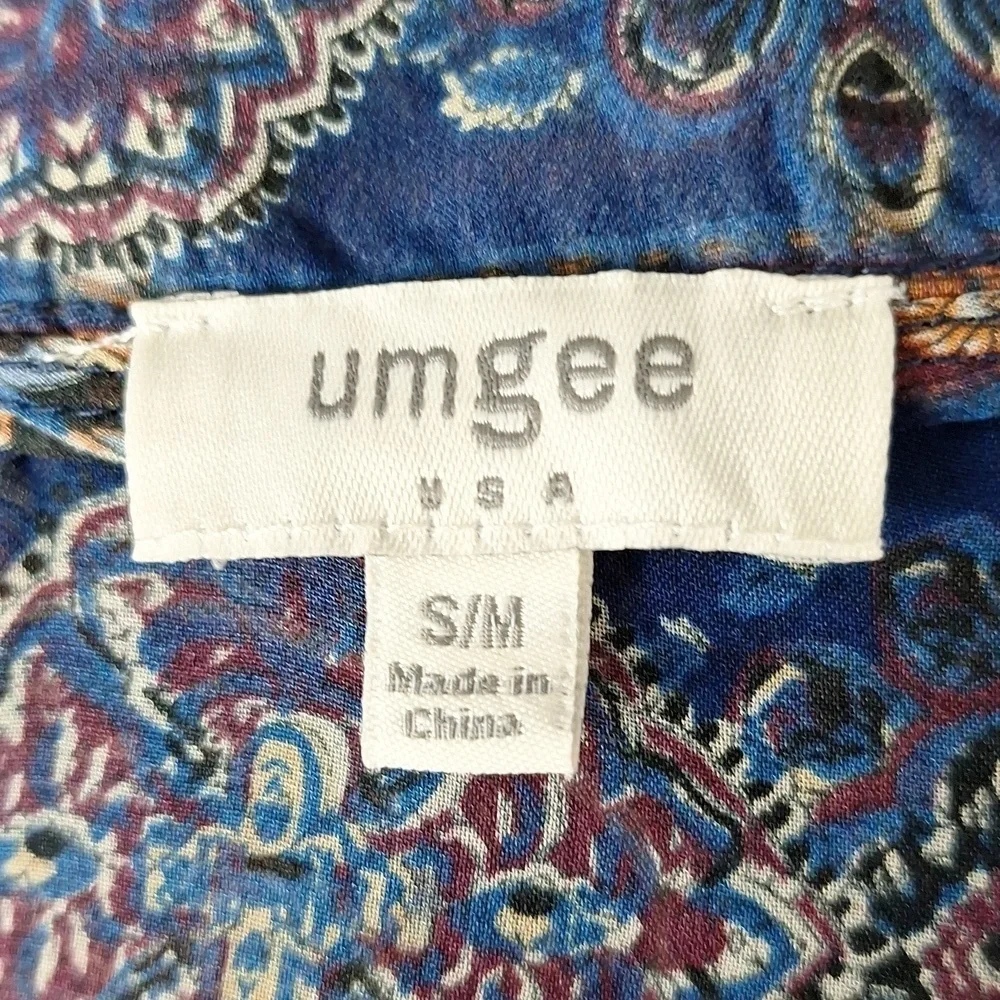Umgee Blue Tan Bohemian 3/4 Wide Sleeve Boho Hippie Fringe Kimono Size S/M